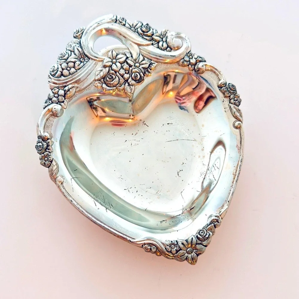 Vintage Heart Silver Plate Trinket Dish Floral Repousse Rose Japan Catchall 6